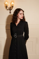 Black Collared Cuff Sequined Georgette Dobby Shirt Dress