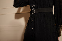 Black Collared Cuff Sequined Georgette Dobby Shirt Dress