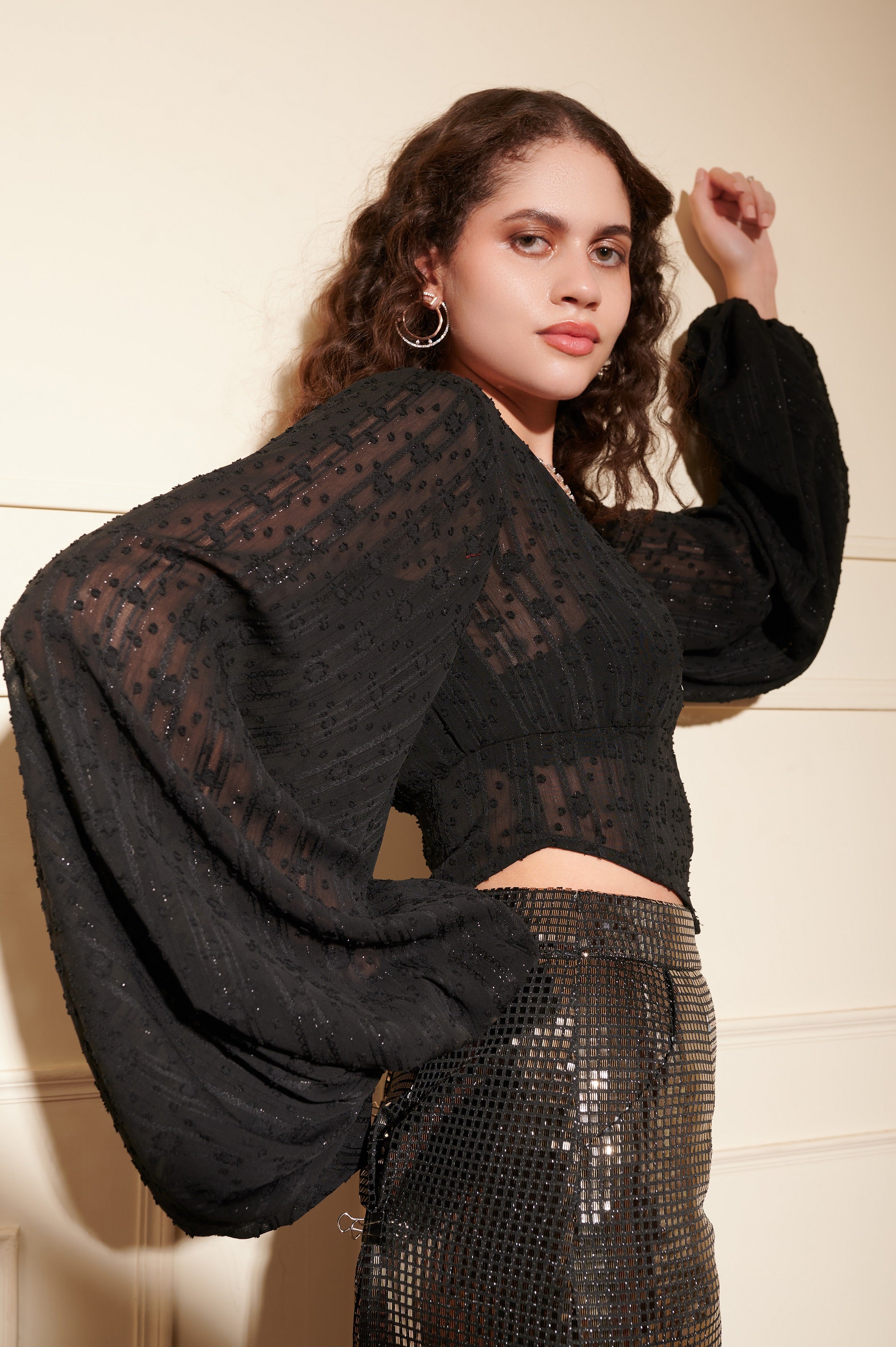 Black Georgette Puff Sleeve V-Neck Top with Disco Pants Cordset