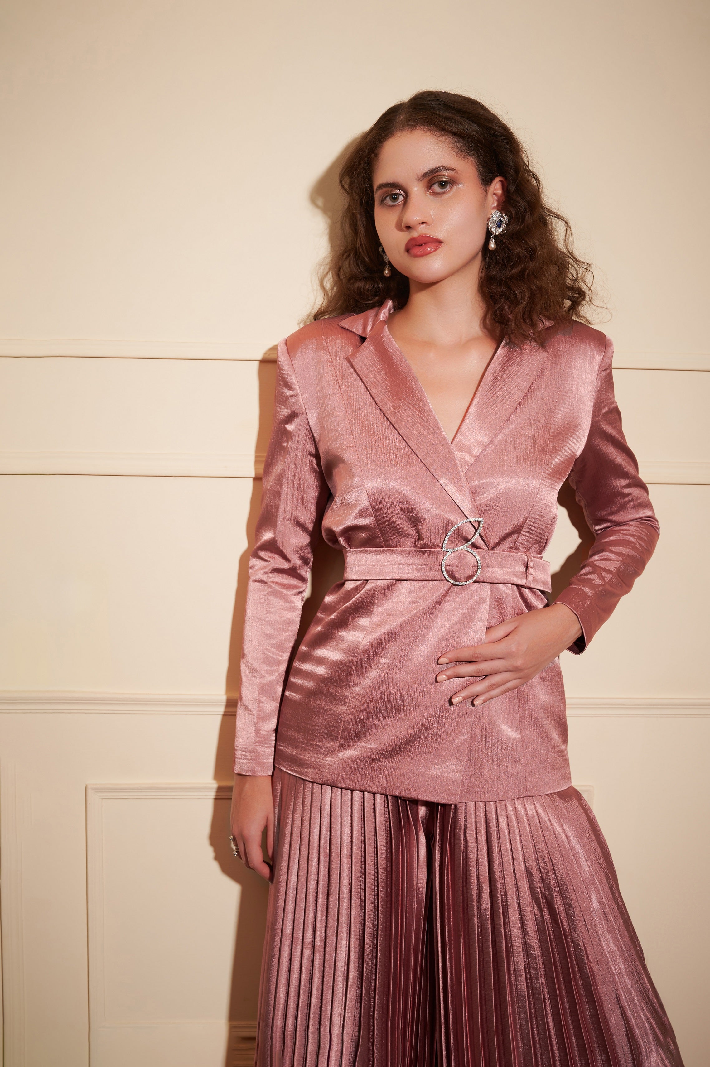 Blush Pink Gucci Silk Blazer and Pleated Flare Pants with Berrybrooch Belt Cordset
