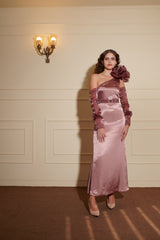 Blush Pink Gucci Silk Ruffled Flower Dress with Detachable sleeve and Berry Brooch Belt