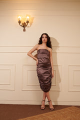 Champagne Poly Satin Ruched Tube Dress