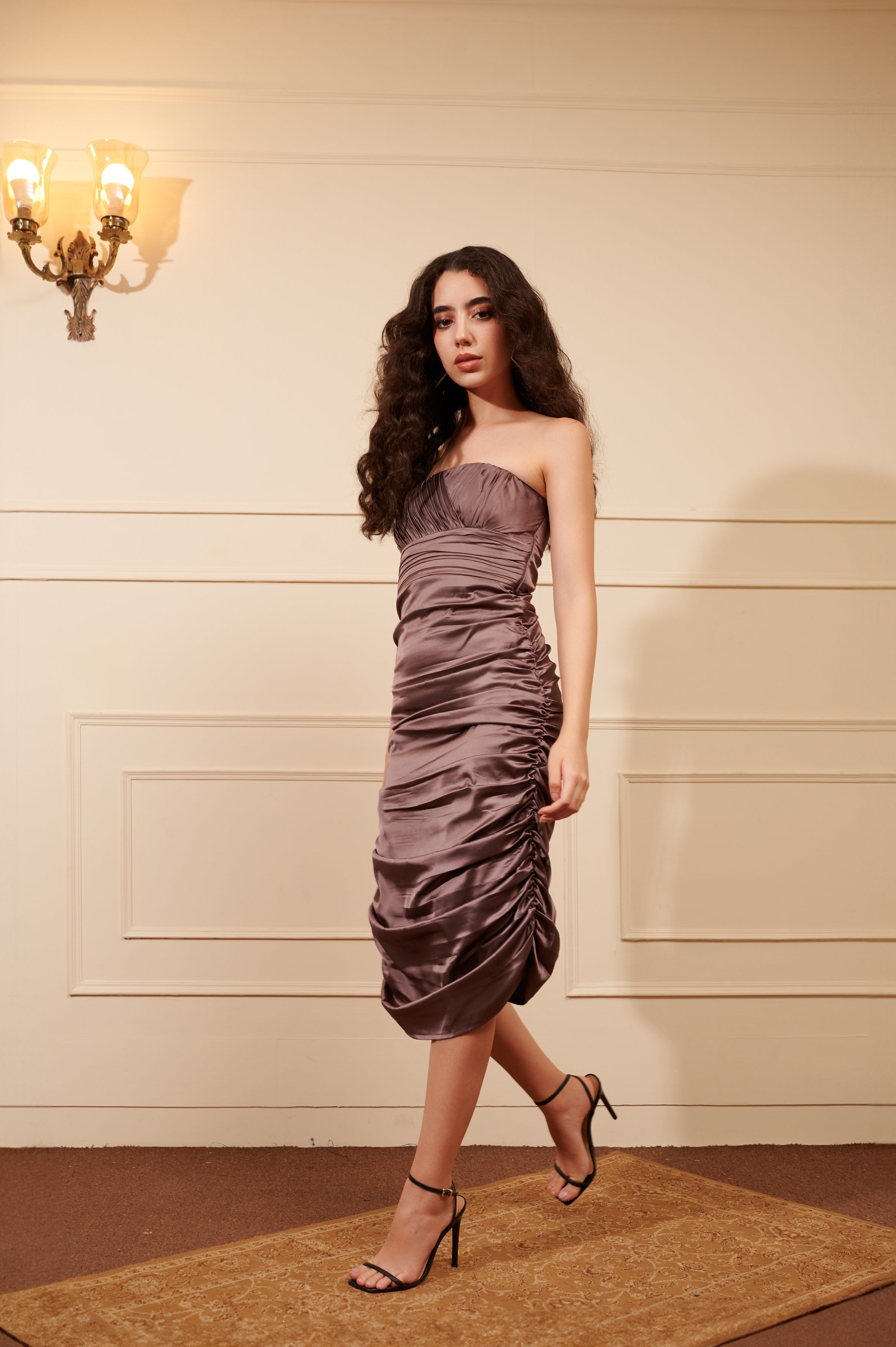 Champagne Poly Satin Ruched Tube Dress