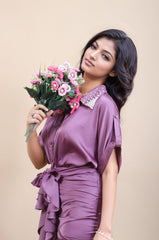 Mauve Pearl embellished collar, kimono sleeve shirt dress with attached assymetrical waist belt