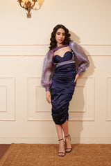 Navy Blue Gucci Silk Ruched Padded Dress with Cut-out Organza Cropped Top
