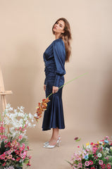 Navy blue with Shaberry brooch on the waist and draped cuff with asymmetrical hem Draped ruched dress