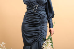 Navy blue with Shaberry brooch on the waist and draped cuff with asymmetrical hem Draped ruched dress