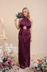 Pearl Embellished Halter Neck Draped Collared  Centre-Cut Draped  Wine Dress