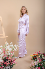 Rhinestone Embellished Side-cut Lilac Shirt with Centre Slit Lilac Bootcut Pant