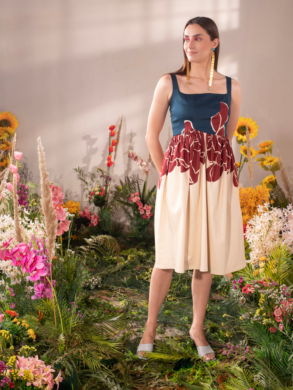 Square Neck Floral Midi Dress