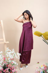 Wine pearl embellished neck and hem one off shoulder assymetrical hem top with wide leg pants