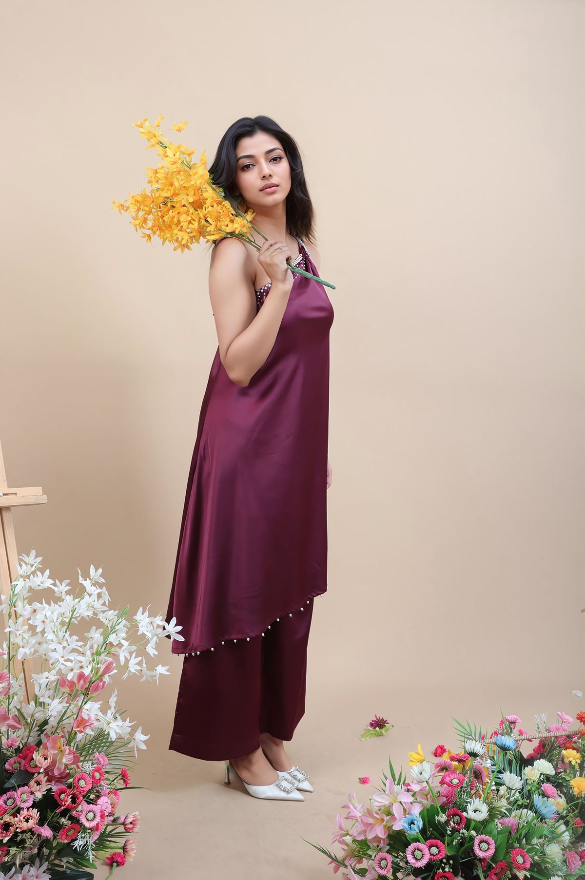 Wine pearl embellished neck and hem one off shoulder assymetrical hem top with wide leg pants