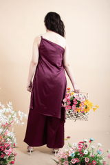 Wine pearl embellished neck and hem one off shoulder assymetrical hem top with wide leg pants