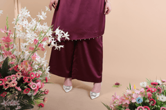 Wine pearl embellished neck and hem one off shoulder assymetrical hem top with wide leg pants