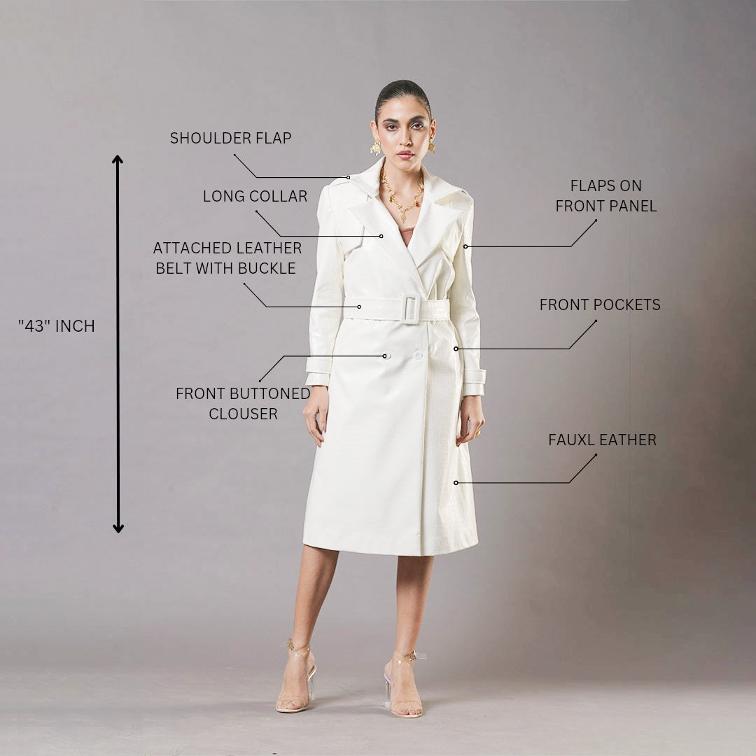 Pearl White Leather Trench Coat
