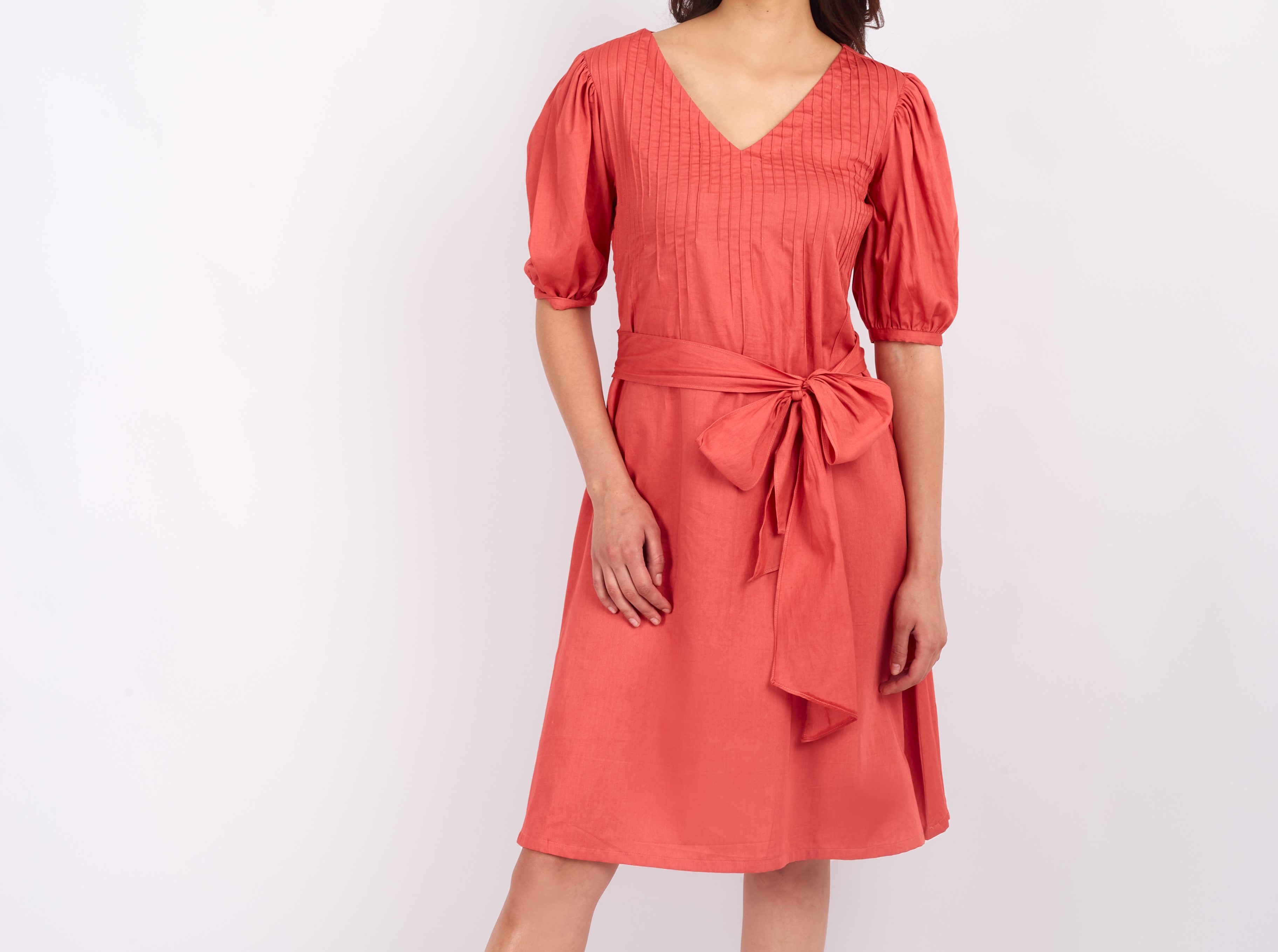 Solid Bow Belt Red Dress