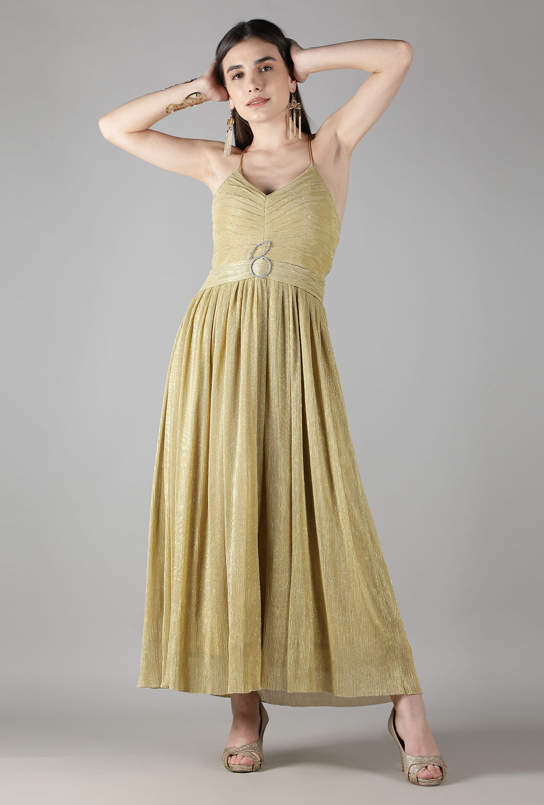 Golden Pleated Cocktail Dress