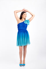 Blue Ombre One Off Shoulder Flare Dress